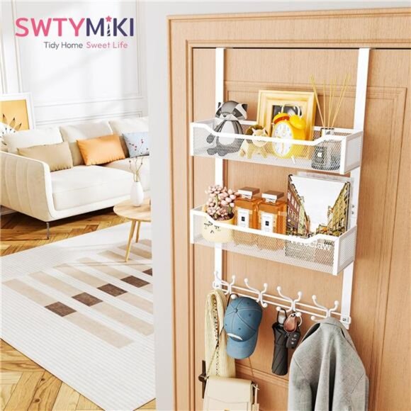 Over The Door Hooks Organizer 16 Hooks 2 Mesh Baskets Towel Coat Clothes Rack - Picture 2 of 8